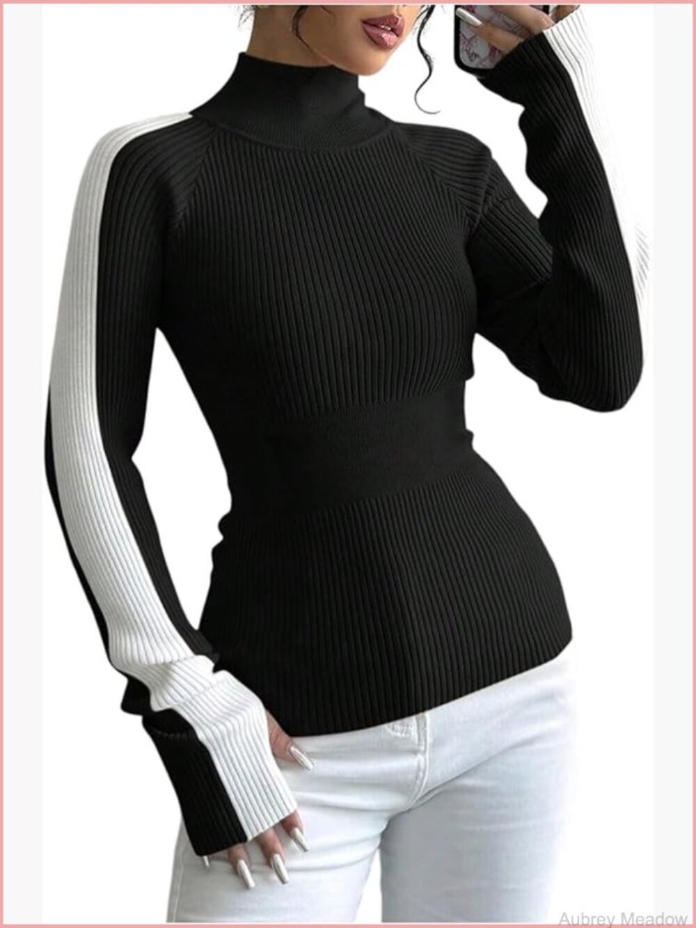 Color Block Turtleneck Sweater Long Sleeve Ribbed Knit Pullover